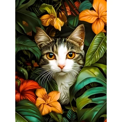 Macska a virágok között - gyémántszemes kirakó