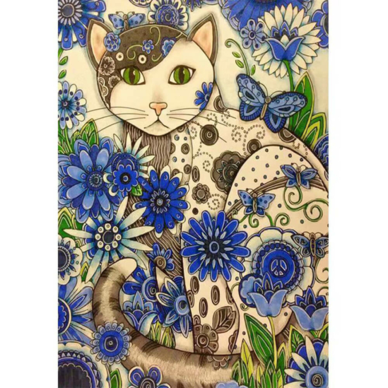 Mozaik macska kék virágokkal - gyémántszemes kirakó