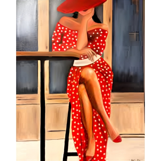Piros ruhás nő - gyémántszemes kirakó